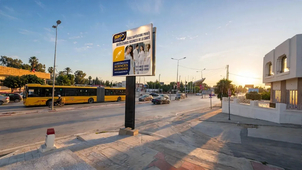 Panneau publicitaire SUP SANTÉ près de la station de bus